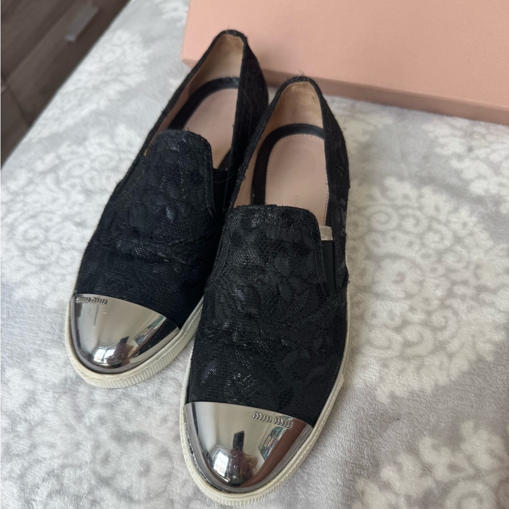 Miu Miu Black Flower Metal Cap Toe Slip On Loafers